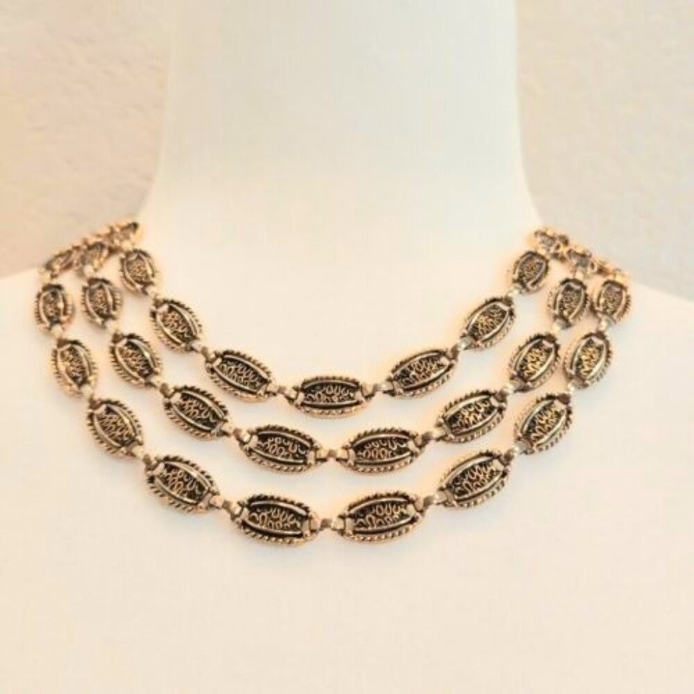 Vintage Sarah Coventry Desert Flowers Three-Strand Gold Tone Necklace - Picture 2 of 9